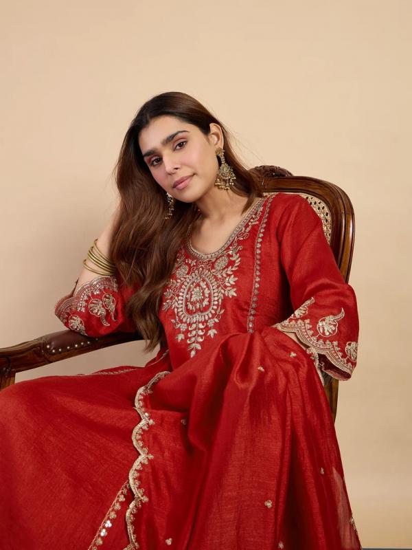VP 9851 R Women's Rust Silk Blend Embroidered Straight Kurta Set with Dupatta